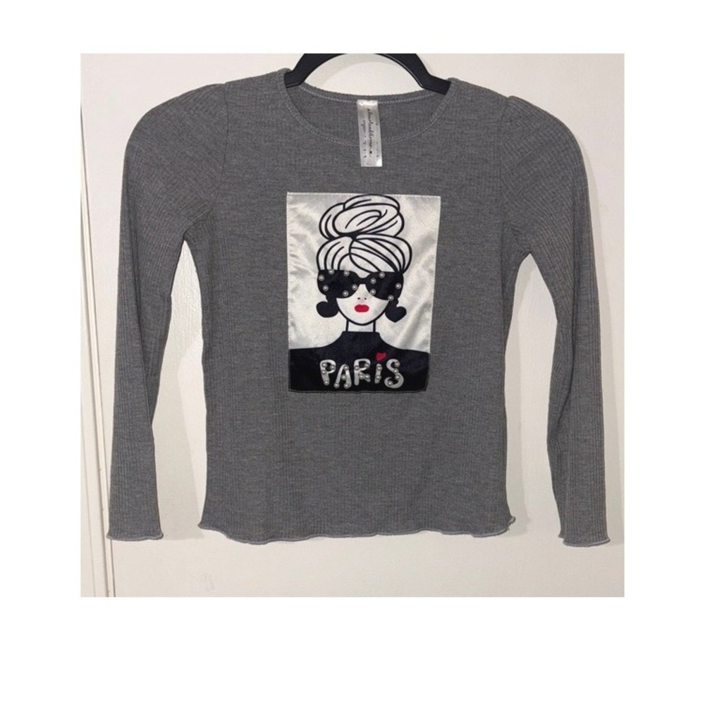 Trendy Paris Girl‎ Graphic Tee Long Sleeve Ribbed Gray Shirt Size 14